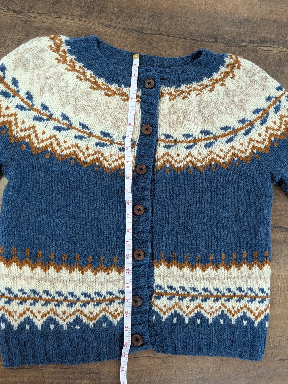 Hand Knit Blue Fair Isle Button-Up Sweater Cardigan - Picture 7 of 10